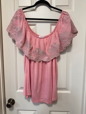 Eyeshadow Pink Off-the-Shoulder Embroidered Ruffle Tunic